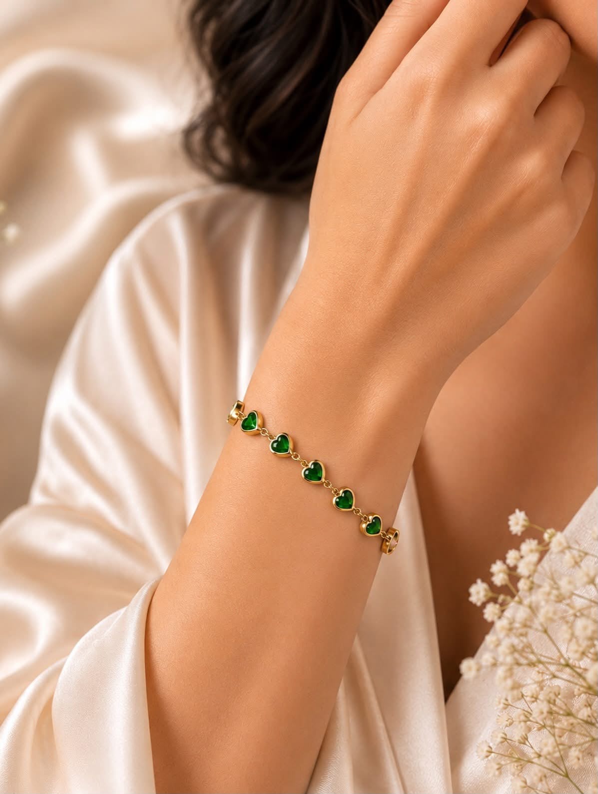 Francia Emerald Green Heart Chain Bracelet by Fathora Collections