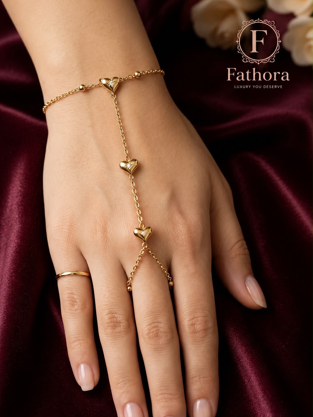 Golden Heart Hand Chain by Fathora Collections