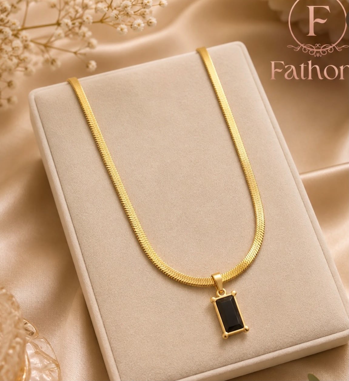 Noir Emerald-Cut Pendant Herringbone Necklace by Fathora Collections