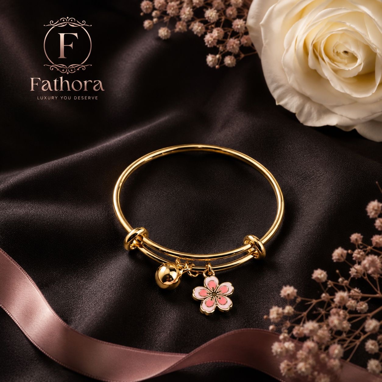 Pink Flower Charm Bangle by Fathora Collections