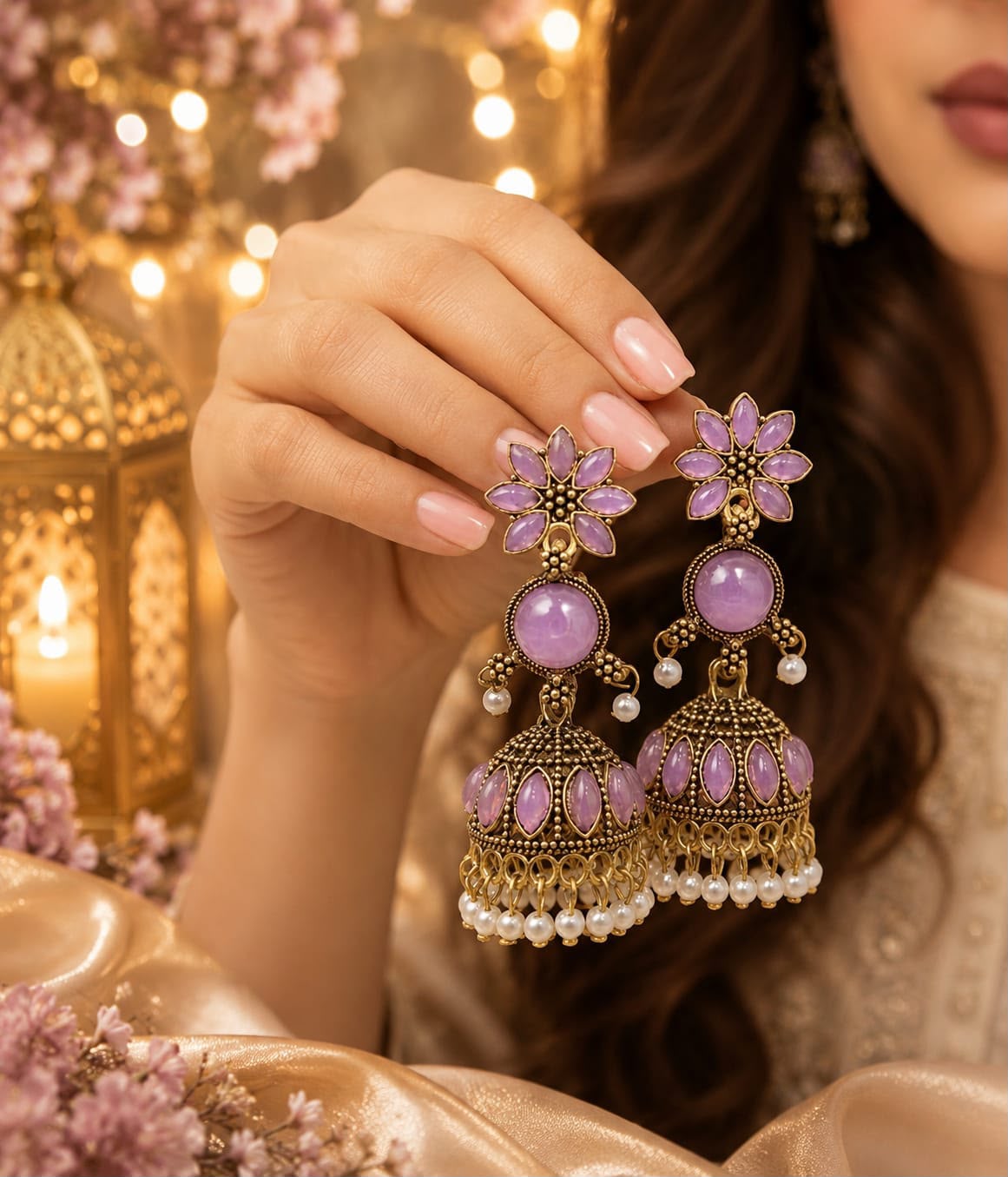 The Royal Lavender Jhumka Earrings by Fathora Collections